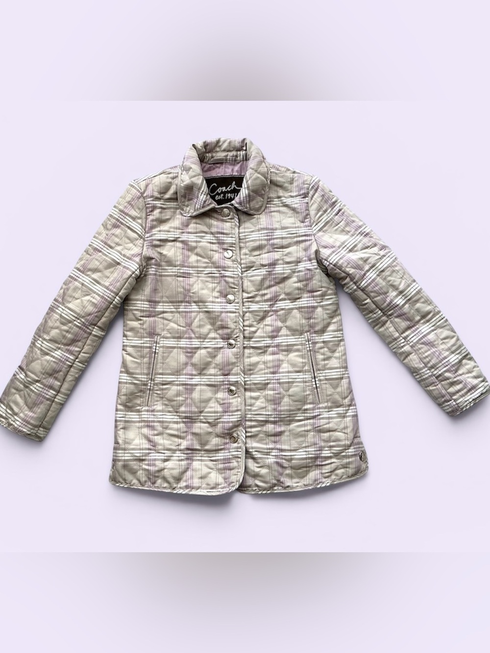 COACH Signature "C" Sz XS Tan Lavender Quilted Logo Snap Front Jacket Coat